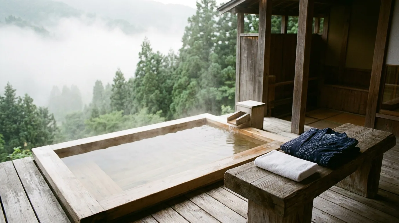 Un pequeño baño privado al aire libre de madera del que sale vapor, protegido por una valla de bambú