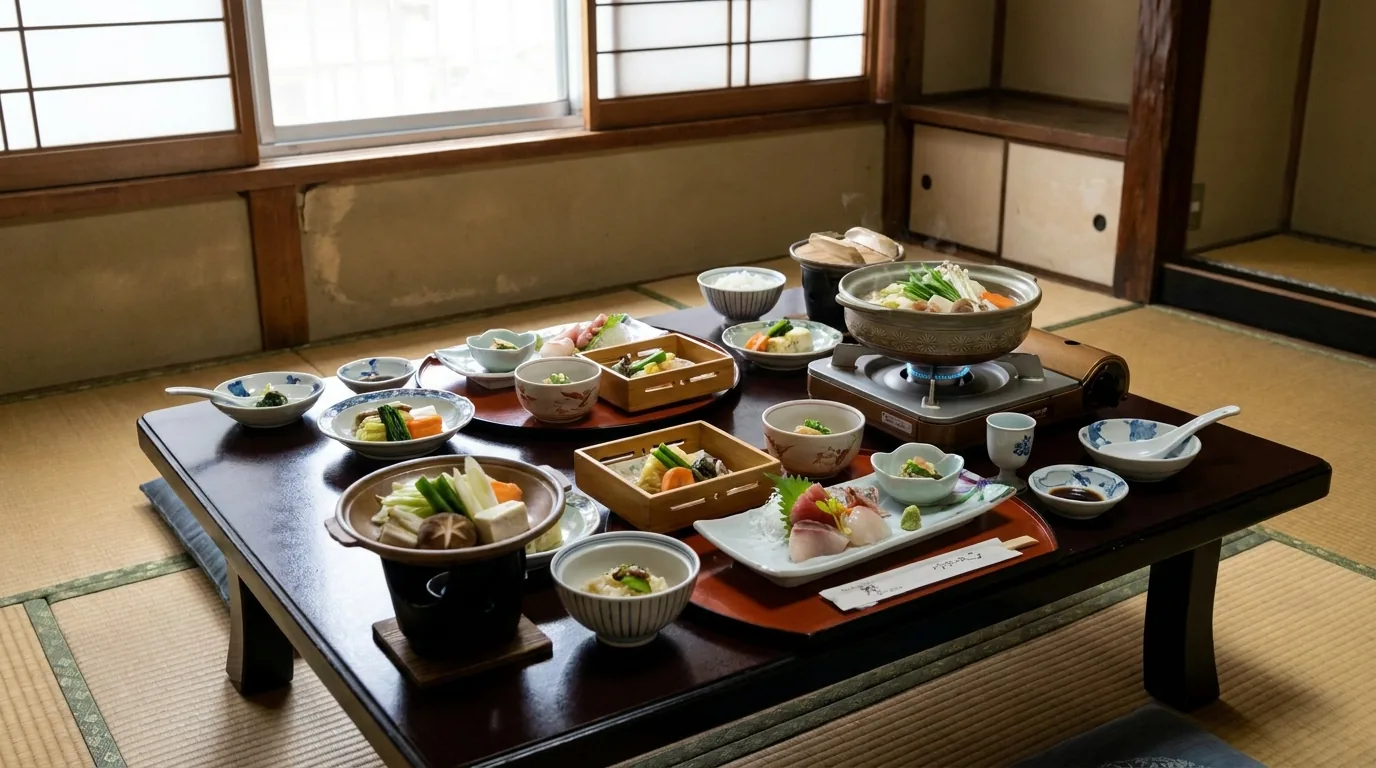 Una cena kaiseki de varios platos servida sobre una mesa baja en una habitación de tatami
