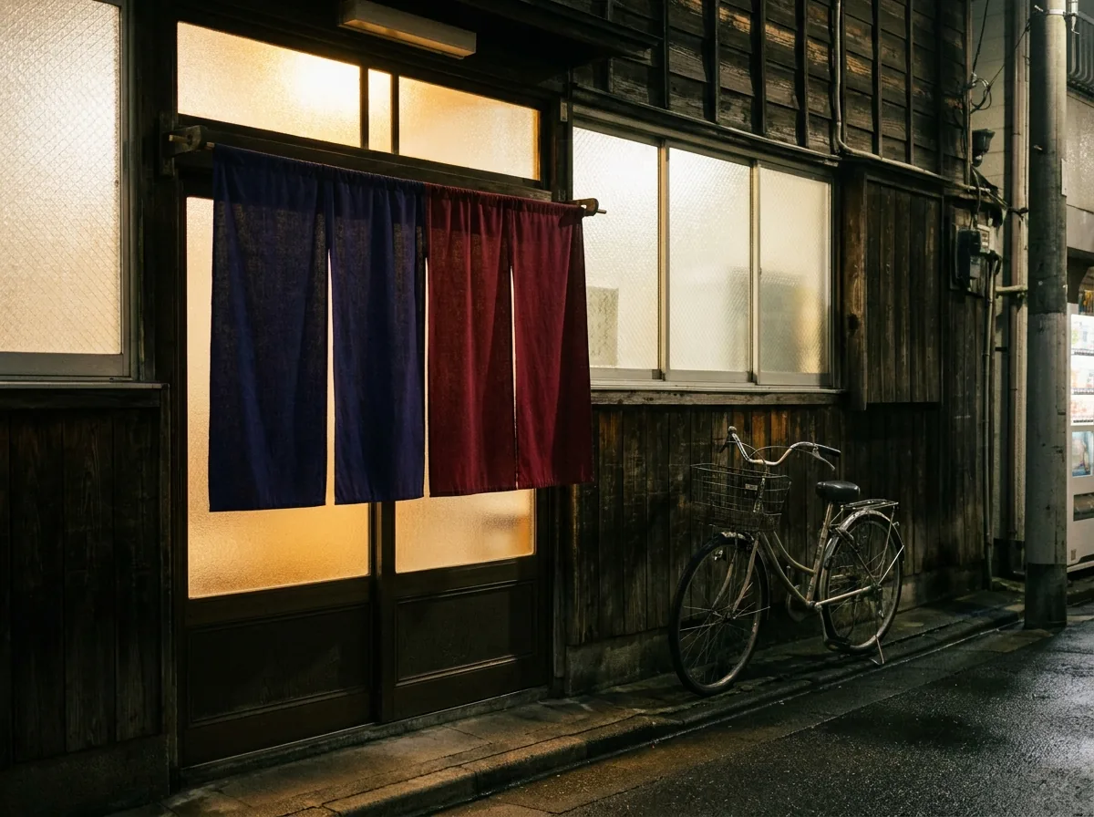 The entrance of a neighborhood bathhouse at night with indigo and red curtains