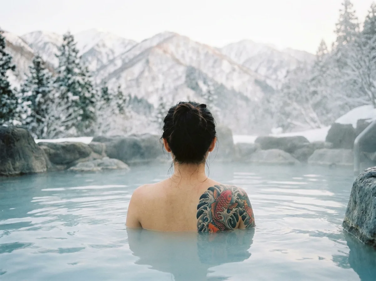 A bather with a koi tattoo on her shoulder in an outdoor hot spring
