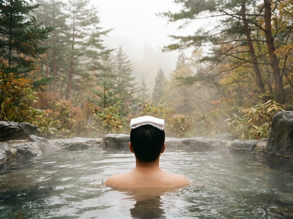 A bather with a folded towel on his head in a steaming outdoor bath facing a misty forest