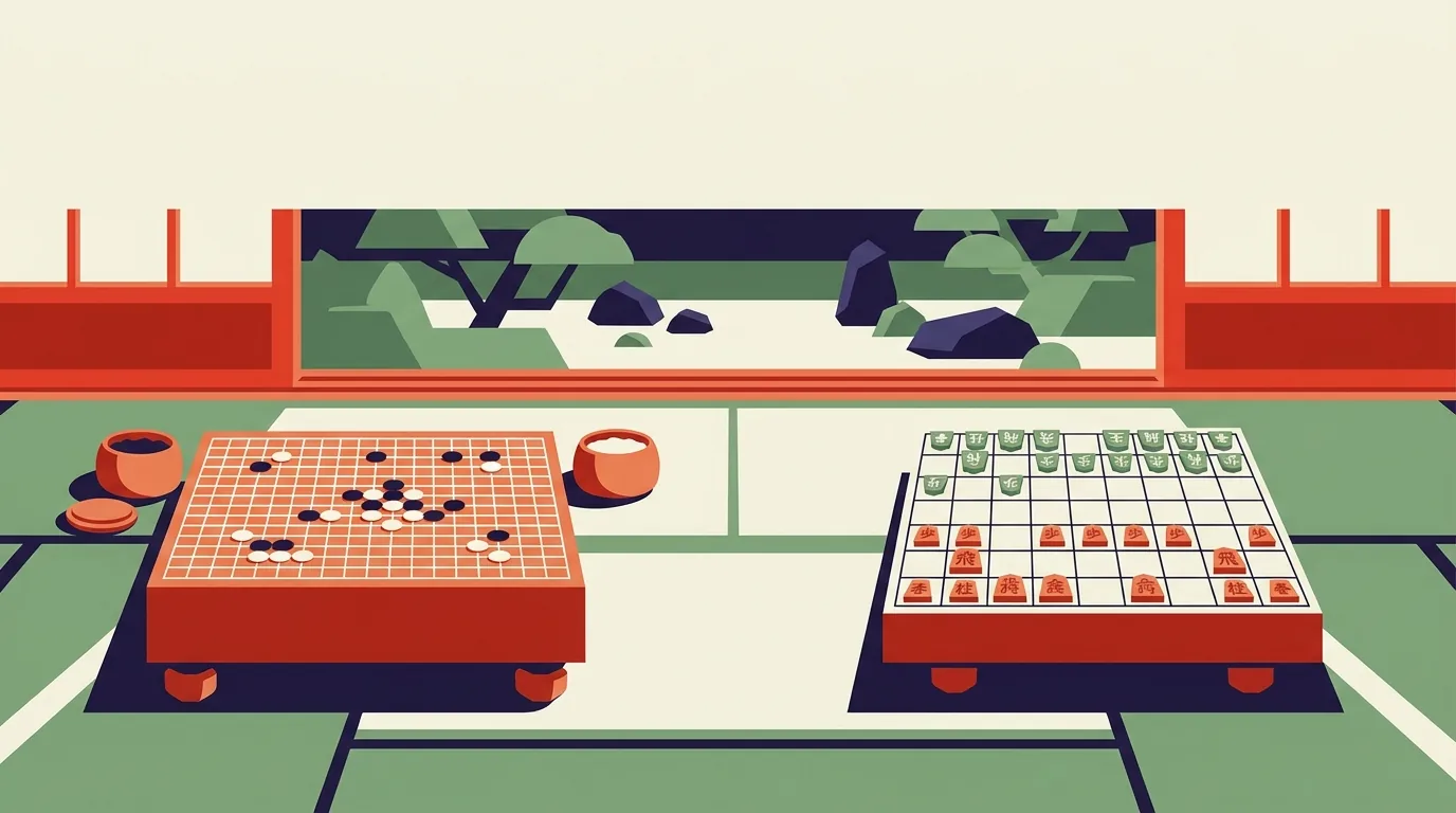 Un tablero de go de madera con piedras blancas y negras junto a un tablero de shogi con piezas pentagonales de madera
