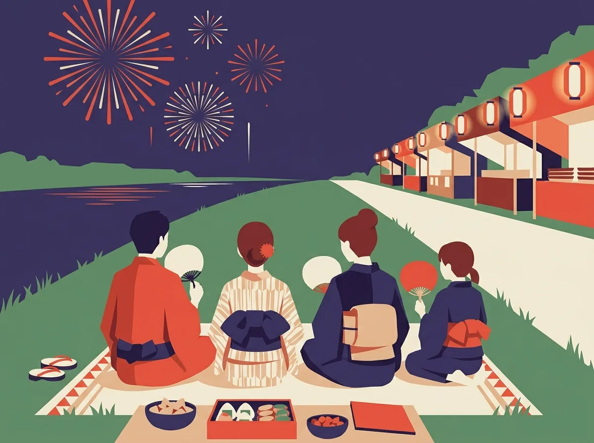 Espectadores en yukata sentados sobre esterillas a la orilla de un río esperando los fuegos artificiales al atardecer