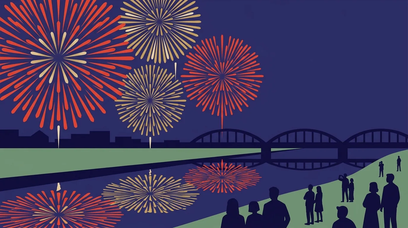 Grandes fuegos artificiales redondos estallando sobre un río en una noche de verano en Japón