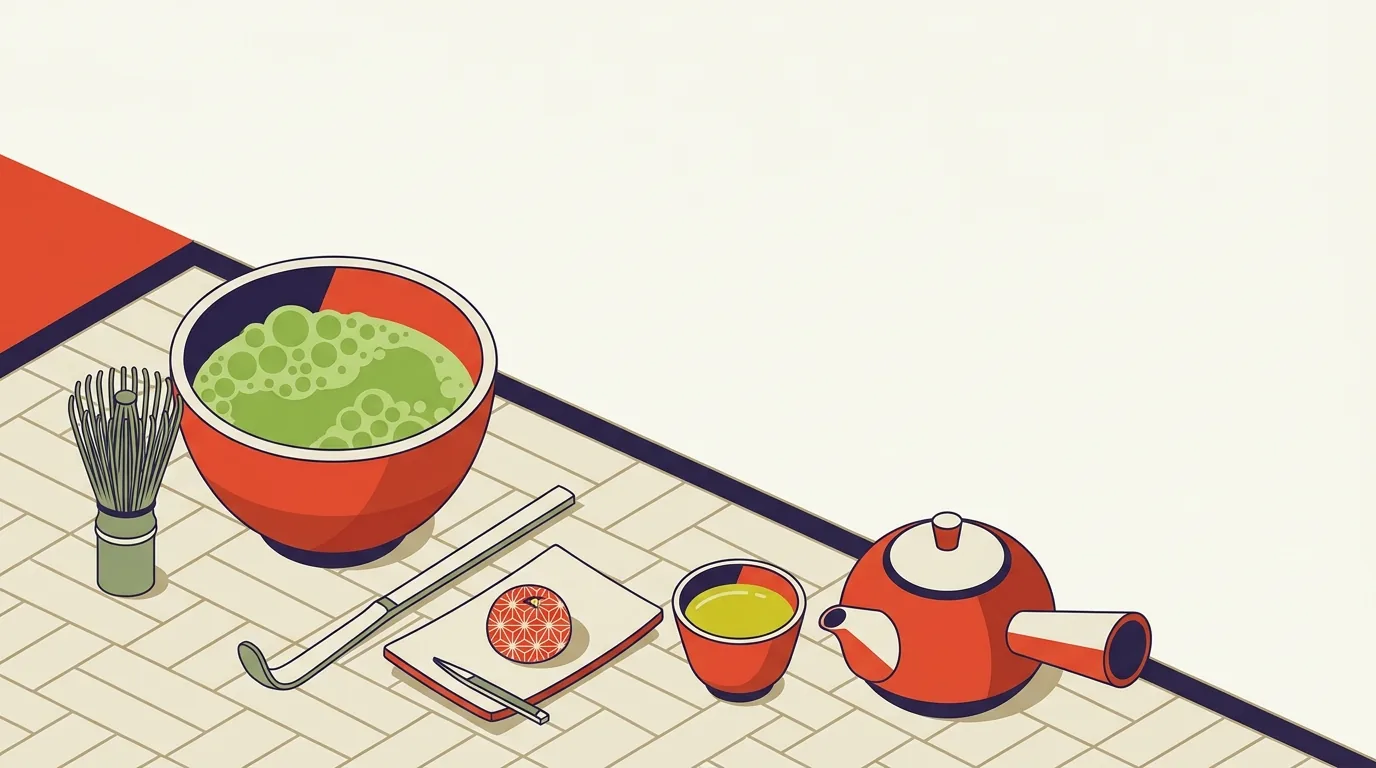 Un cuenco de matcha batido con un batidor de bambú y un pequeño dulce japonés sobre una bandeja