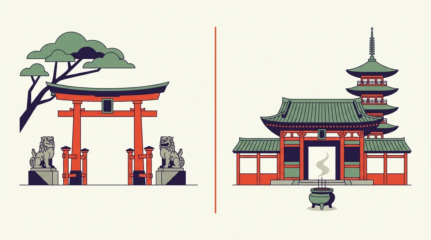 有狛犬守護的神道教鳥居，旁邊是佛寺的山門與佛塔