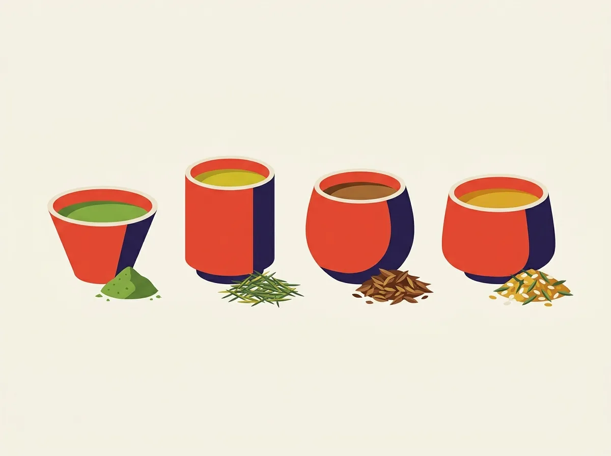 Platitos con distintos tés japoneses uno al lado del otro: matcha en polvo y hojas de sencha, gyokuro, hojicha y genmaicha