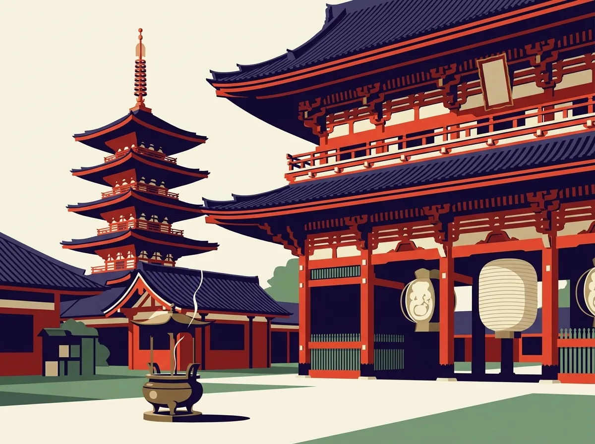 佛寺山門與佛塔，庭院中擺著香爐