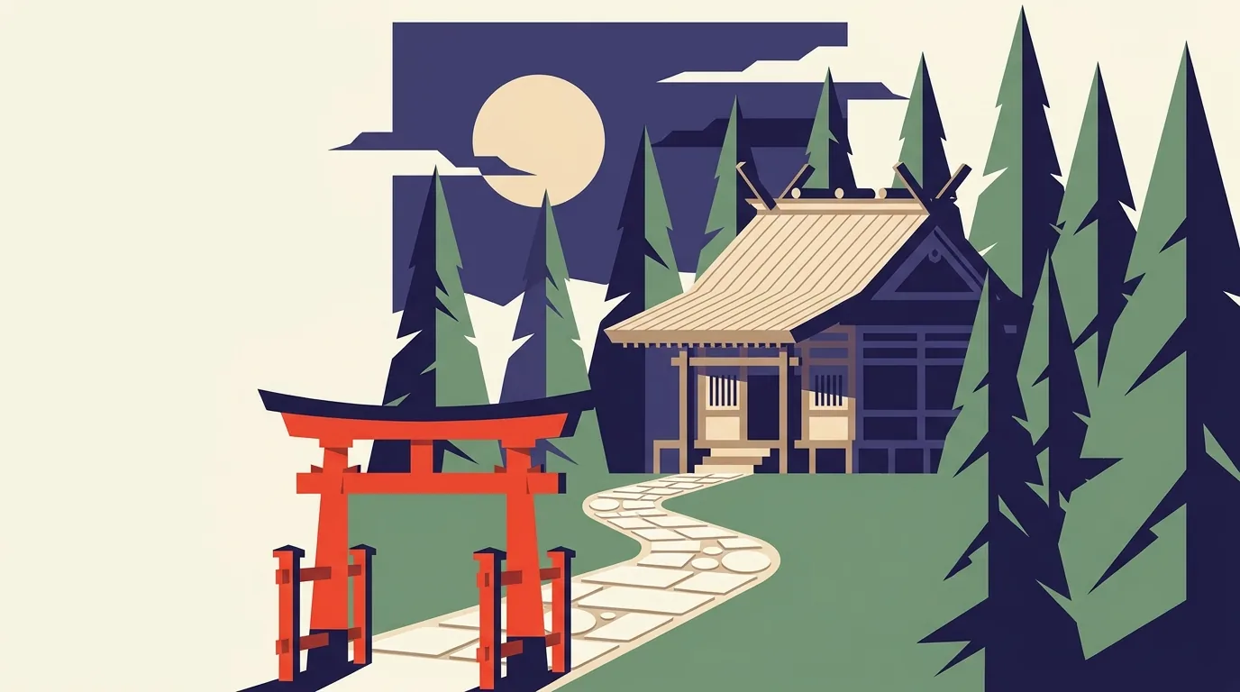 杉木林間，佇立在神社入口的朱紅色鳥居