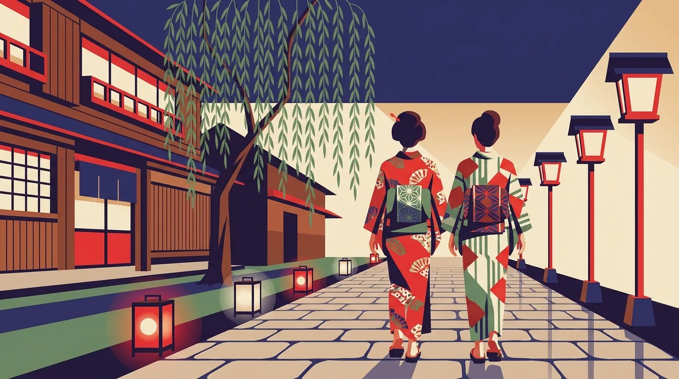 Gente con coloridos yukata de algodón paseando por una calle iluminada con farolillos en una noche de verano